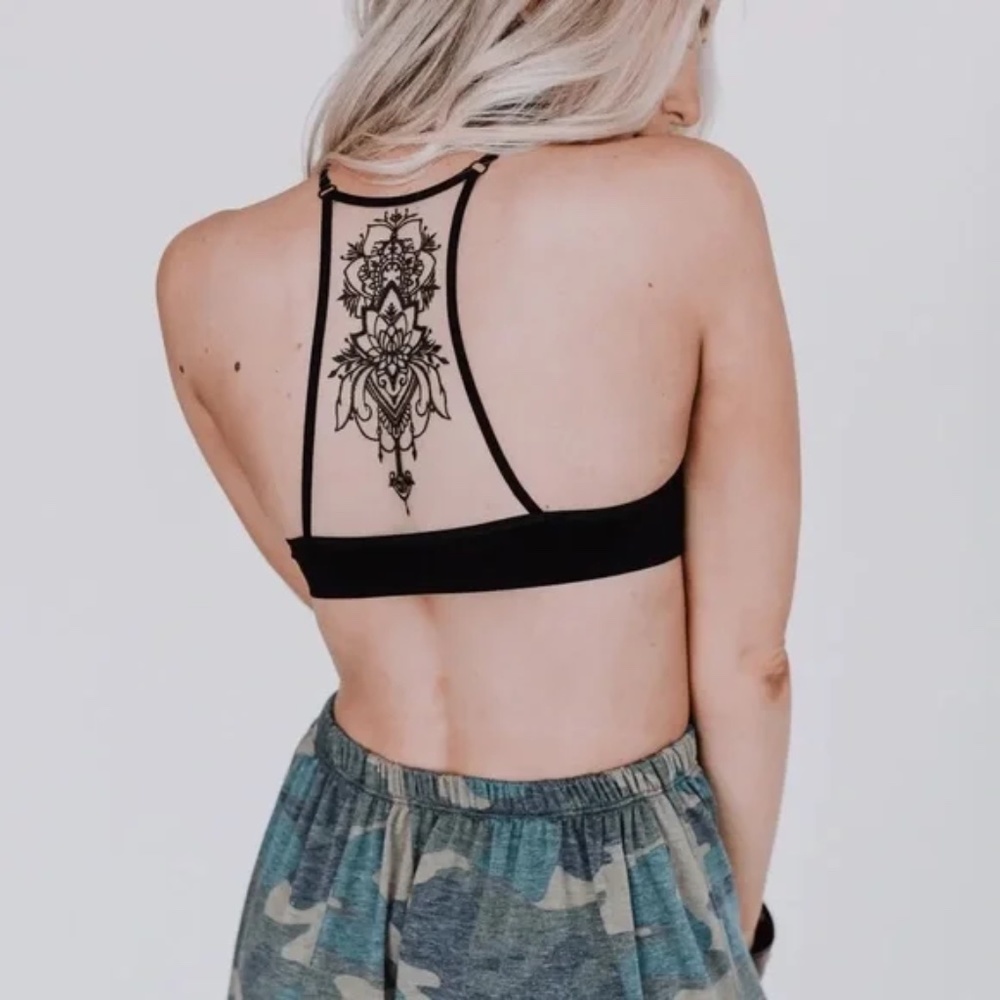 Black Boho Floral Lace Mesh Racerback Bralette